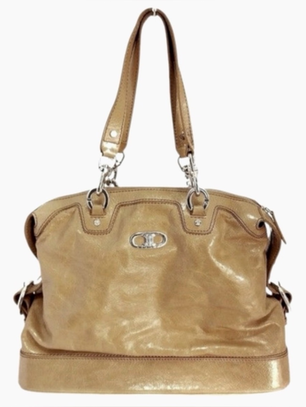 CELINE Wrinkled Patent Leather Handbag Shoulder Bag Beige Tan Tote Triomphe